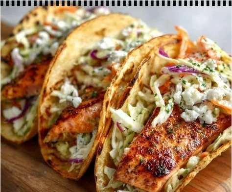 Air fryer salmon tacos topped with vibrant slaw on a plate