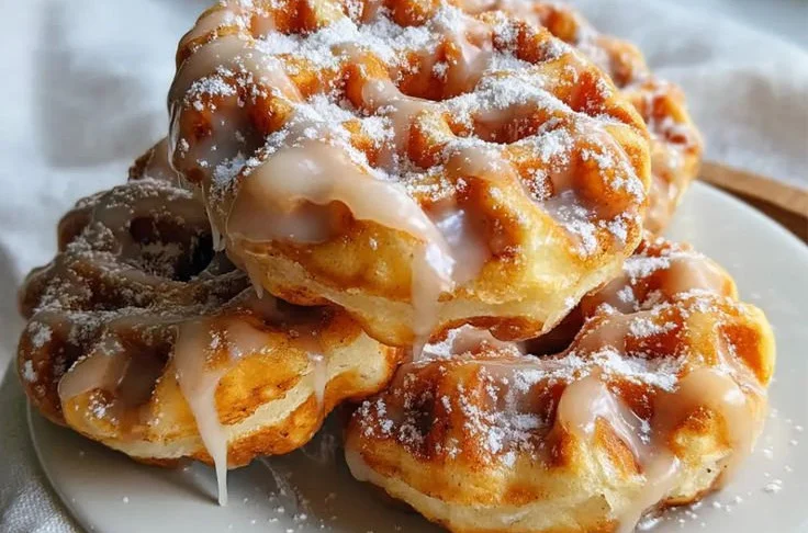 Delicious apple fritter waffle donuts on a plate, drizzled with icing.