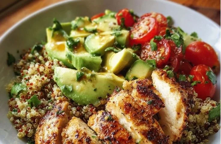 Delicious avocado chicken quinoa bowl with fresh ingredients