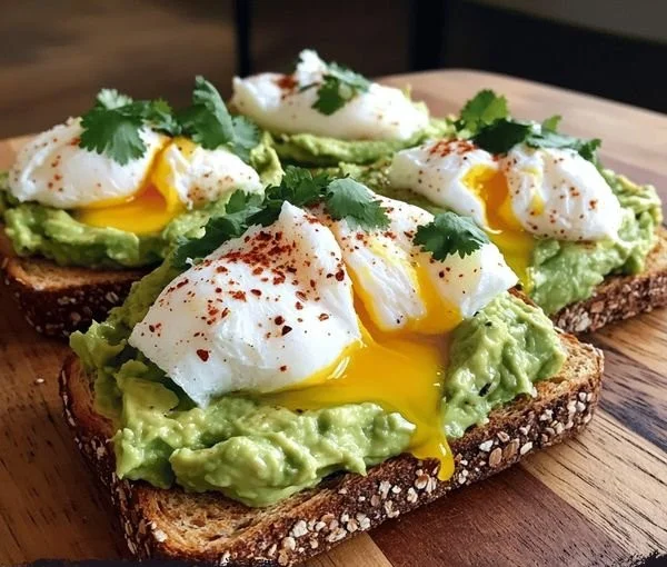 Avocado Toast Delight topped with a poached egg and fresh herbs