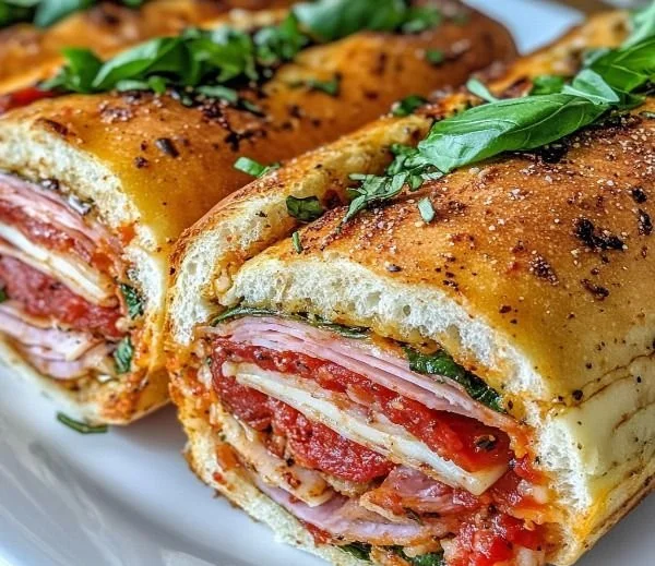 Baked Italian Grinder Sandwiches with melted cheese and savory toppings