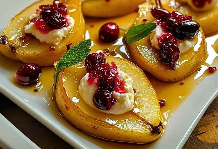 Delicious baked pears topped with goat cheese and cranberries on a wooden table