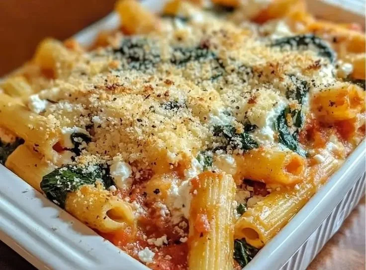 Baked Rigatoni with Spinach and Ricotta served in a casserole dish