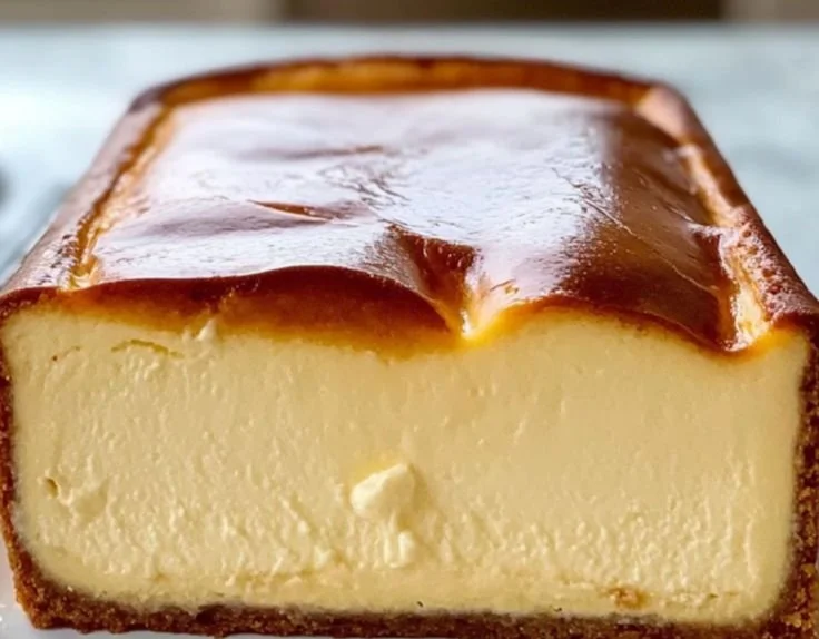 Delicious Basque cheesecake baked in a loaf pan, showcasing its creamy texture.