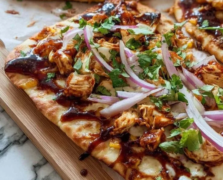 Delicious BBQ Chicken Flatbread topped with grilled chicken, BBQ sauce, and fresh toppings.