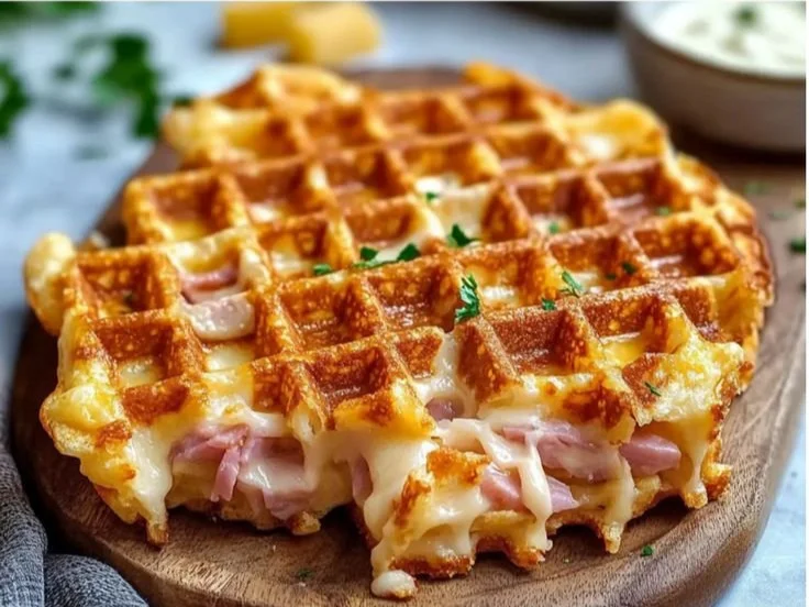 Crunchy ham cheese chaffles served on a plate with toppings