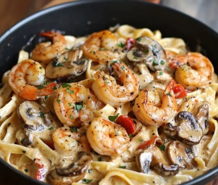Plate of Blackened Shrimp Stroganoff garnished with herbs and served with pasta