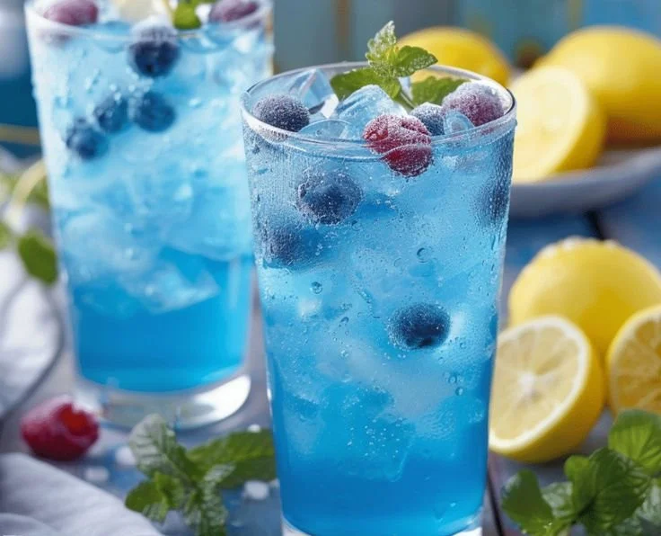 Glass of refreshing blue raspberry lemonade with ice and lemon slices