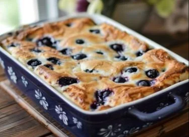 Blueberry buttermilk pancake casserole baked and served in a dish.