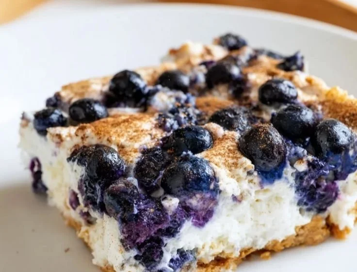 Blueberry Cottage Cheese Bake served in a dish with fresh blueberries on top