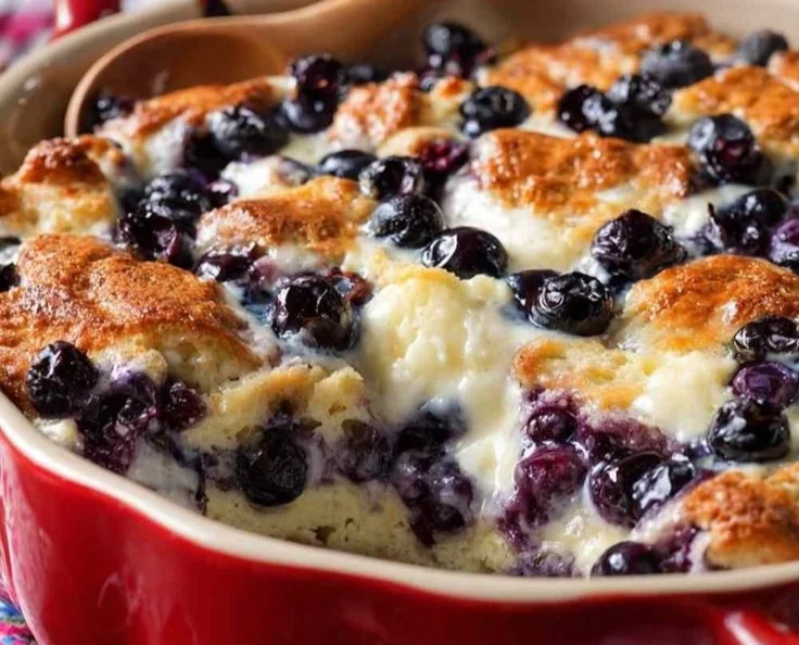 Blueberry Cottage Cheese Breakfast Bake in a baking dish fresh from the oven