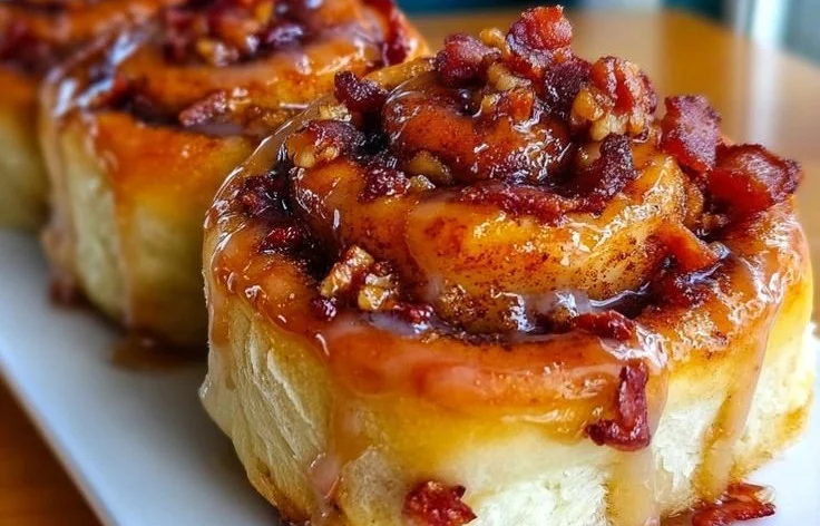 Bourbon Maple Bacon Cinnamon Rolls topped with crispy bacon and maple glaze