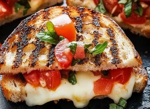 Mouthwatering Bruschetta Grilled Cheese sandwich with fresh tomatoes, basil, and melted cheese