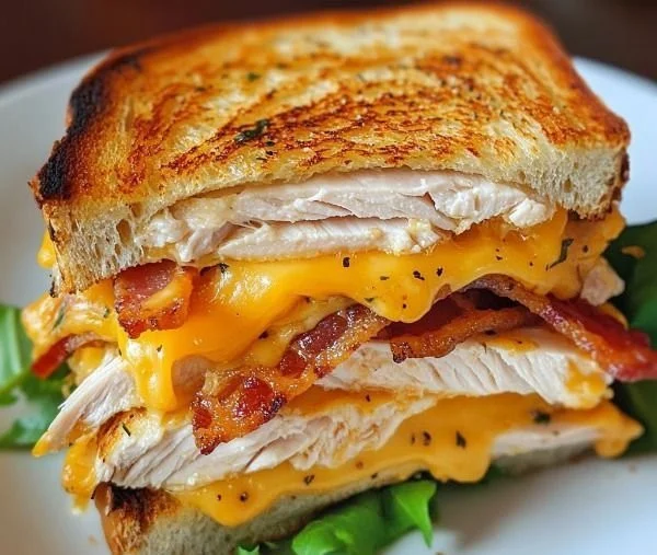 Cheddar and Bacon Turkey Melt sandwich with melted cheese and crispy bacon