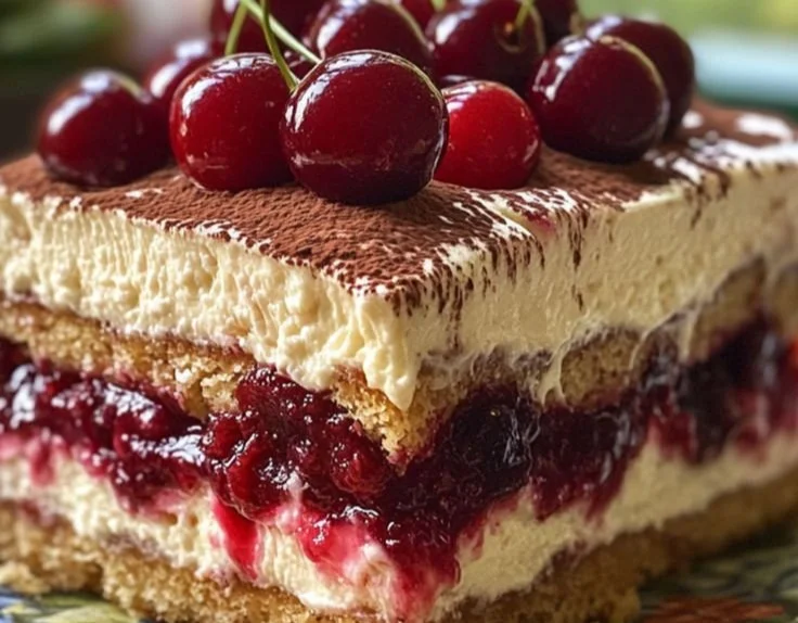 Cherry Amaretto Tiramisu dessert with cherries and coffee layers