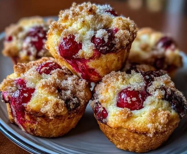 Cherry Cobbler Muffins topped with fresh cherries and crumbly topping
