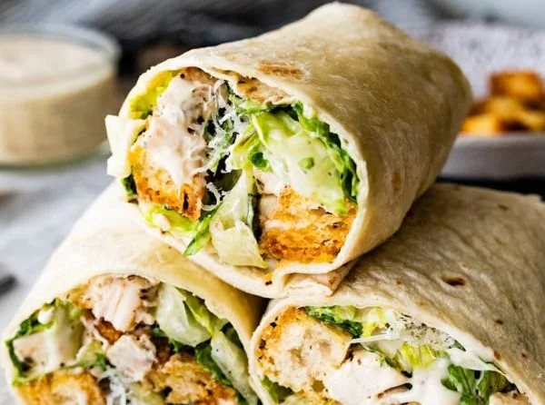 Chicken Caesar Wrap with grilled chicken, romaine lettuce, and Caesar dressing