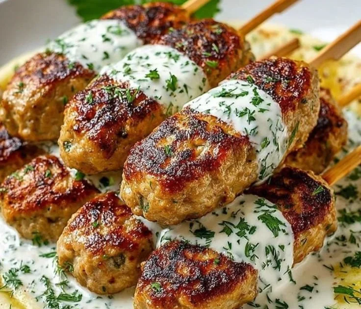 Chicken Kofta with garlic yogurt sauce on a plate