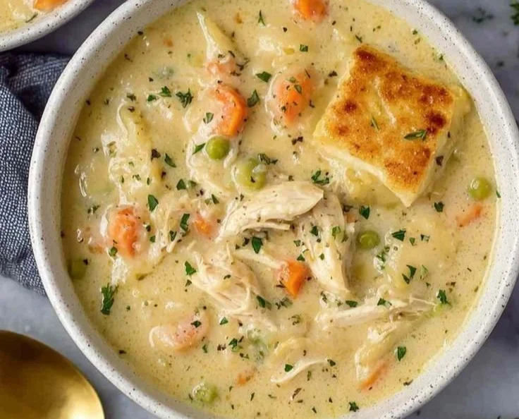 Delicious chicken pot pie soup with vegetables in a bowl