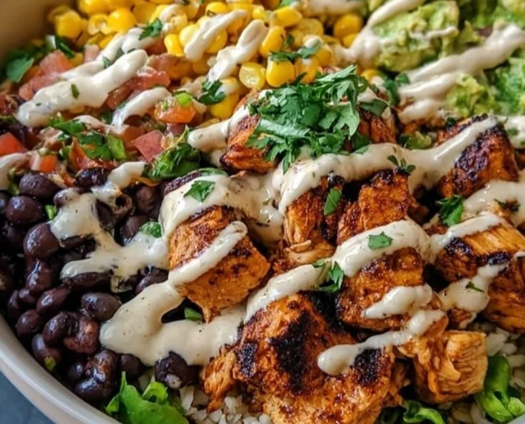 Delicious Chipotle Chicken Bowl with black beans, corn, and creamy sauce
