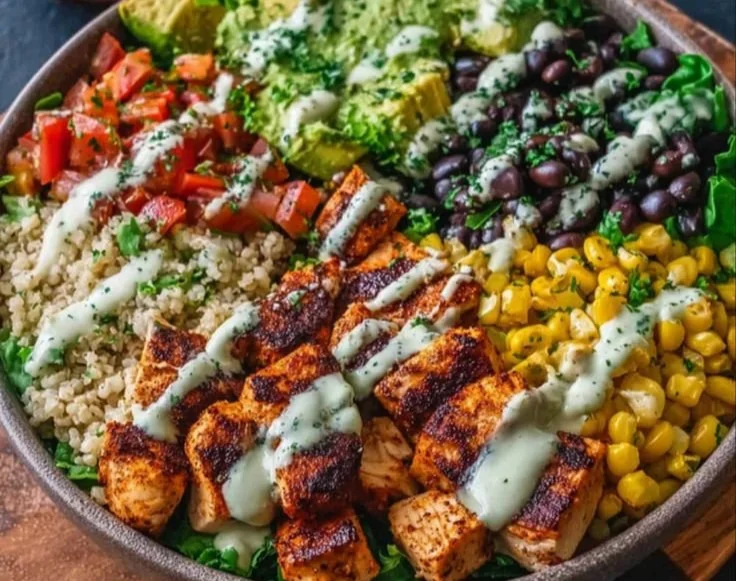 Delicious Chipotle Chicken Bowl with black beans, corn, and creamy sauce