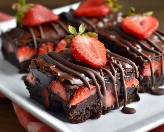 Chocolate covered strawberry brownies on a white plate garnished with fresh berries