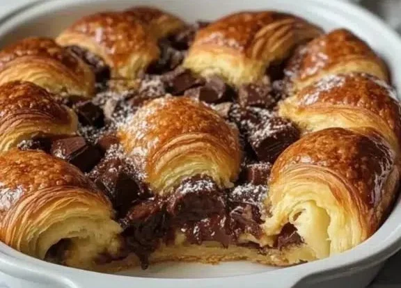 Chocolate Croissant Breakfast Bake served on a plate with fresh berries