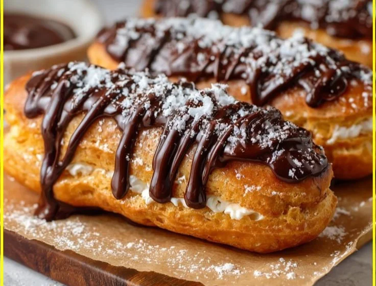 Chocolate éclairs filled with custard and topped with glossy chocolate.