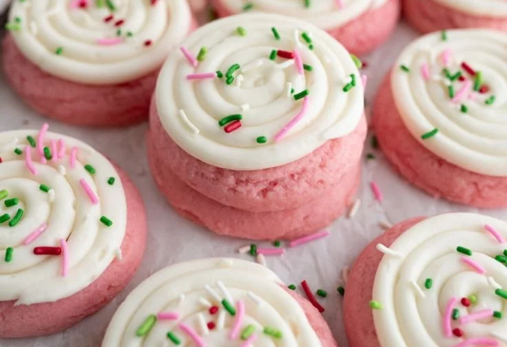 Batch of Christmas pink velvet cookies topped with cream cheese frosting
