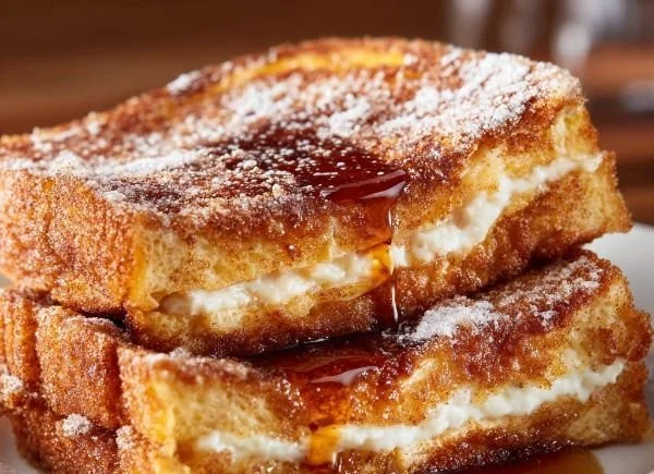 Plate of churro French toast topped with cinnamon sugar and syrup