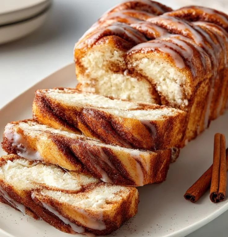 Cinnamon Roll Cottage Cheese Loaf with swirls of cinnamon and icing