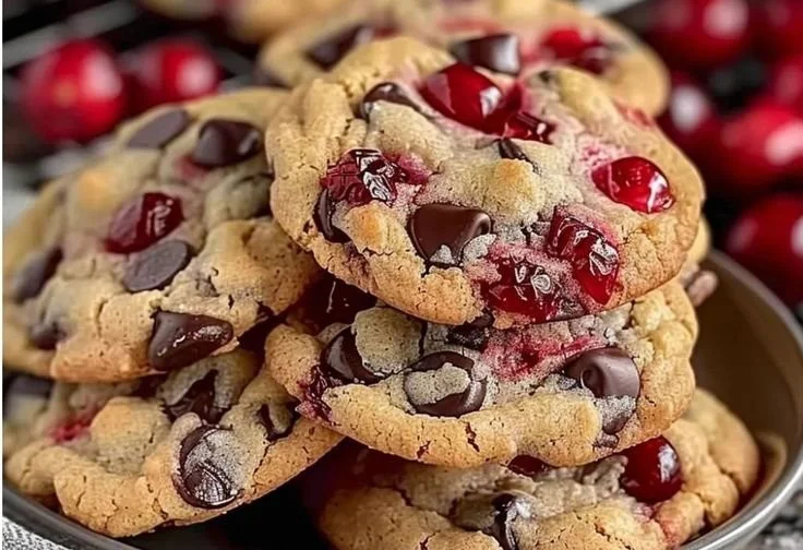 A plate of classic maraschino cherry chocolate chip cookies with vibrant cherries