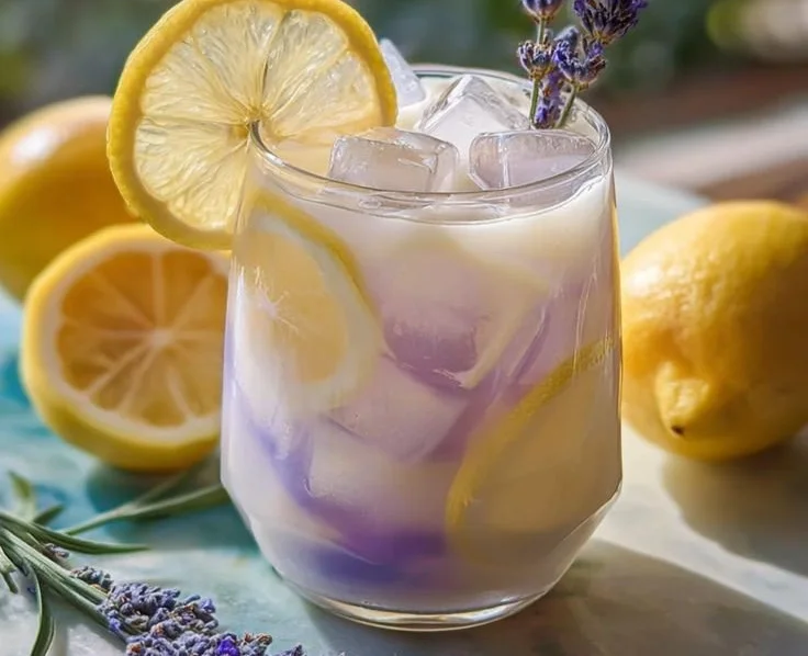 Coconut Lavender Lemonade Mocktail in a glass with lavender sprigs and lemon slices