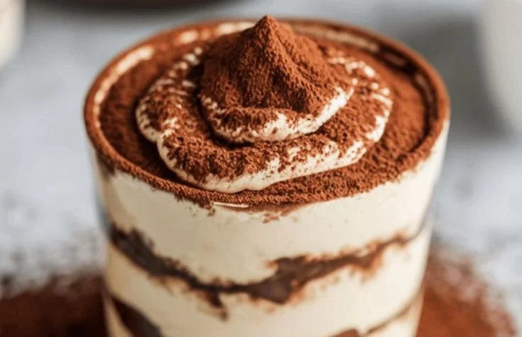 Delicious Coffee Protein Tiramisu Cups topped with cocoa powder