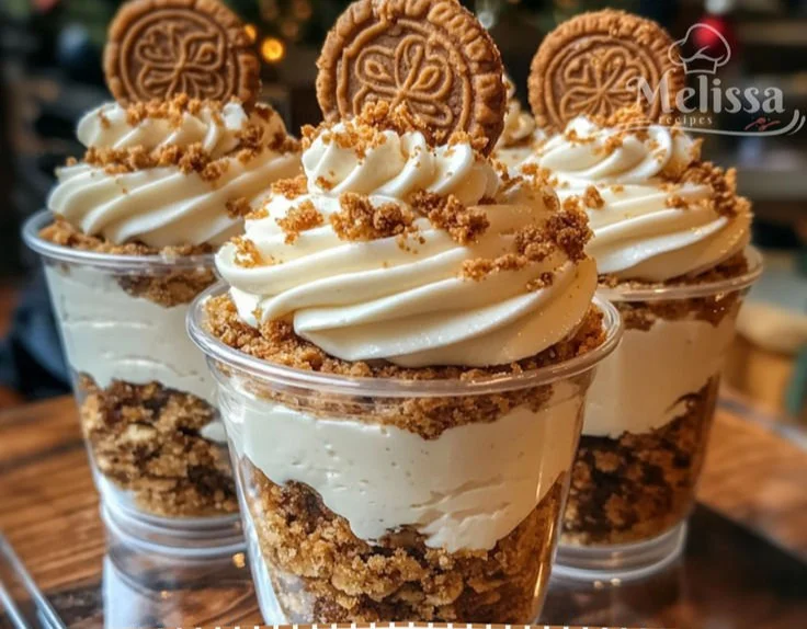 Delicious homemade cookie butter cheesecake cups topped with cookie crumbles