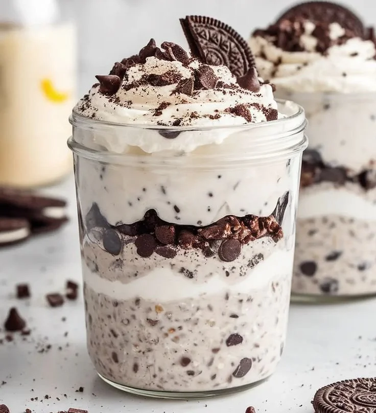 Bowl of cookies and cream overnight oats topped with chocolate cookies