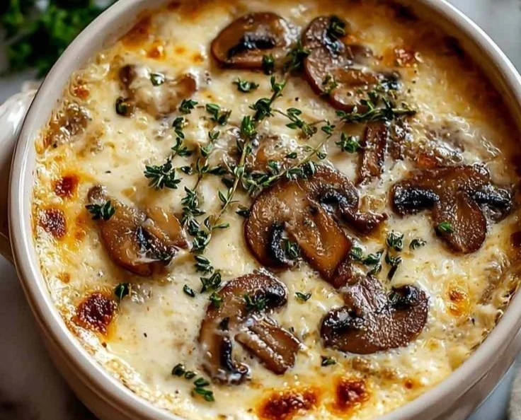 Bowl of creamy Cottage Cheese Mushroom Soup garnished with herbs