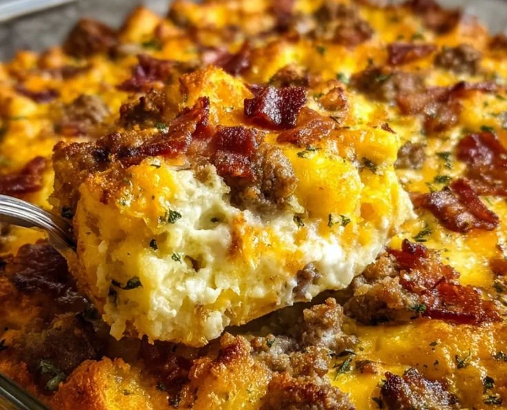 Crack Breakfast Casserole with eggs, cheese, and sausage in a baking dish