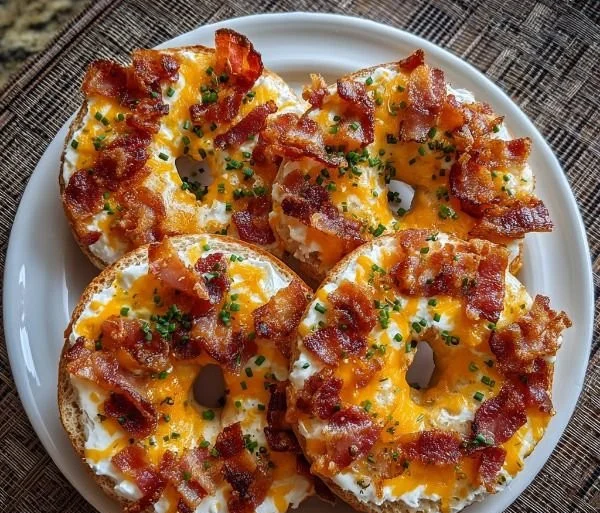 Creamy bacon cheddar bagels topped with crispy bacon and melted cheese.