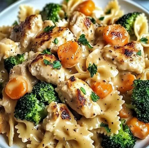 Creamy cheddar chicken pasta with roasted veggies served in a bowl