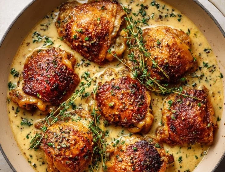 Creamy garlic chicken thighs garnished with herbs, served on a plate