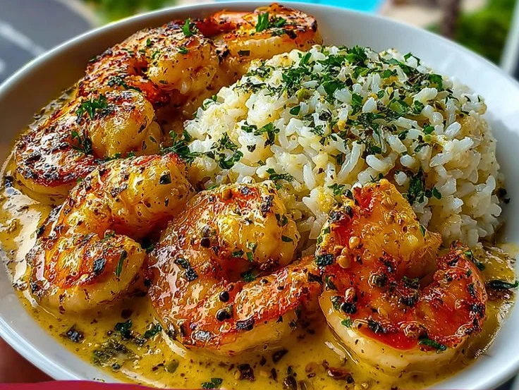 Creamy Herb Rice with Garlic Butter Shrimp in a delicious bowl