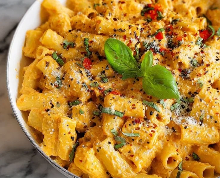 Creamy high-protein cottage cheese pasta served in a bowl with fresh herbs