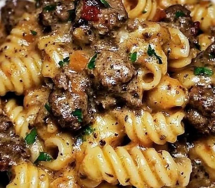 Creamy paprika steak shells with rich and smoky flavor in a bowl