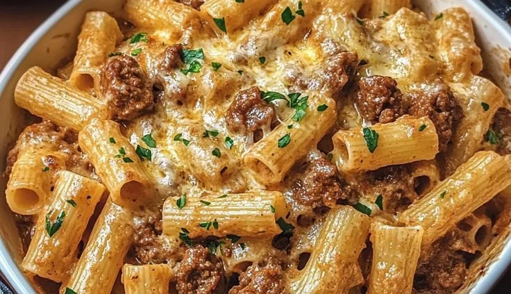 Creamy Parmesan Beef Rigatoni served in a bowl with fresh herbs