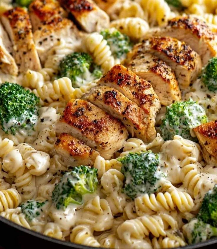 Creamy rotisserie chicken pasta with broccoli served on a plate