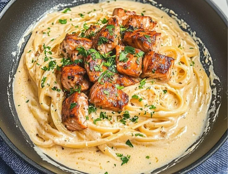 A bowl of creamy salmon pasta topped with herbs and parmesan cheese