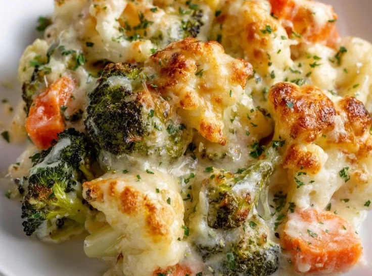 Creamy winter vegetable bake dish with fresh seasonal vegetables