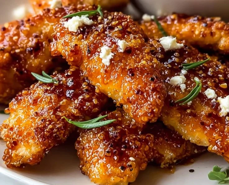 Plate of crispy hot honey feta chicken garnished with herbs