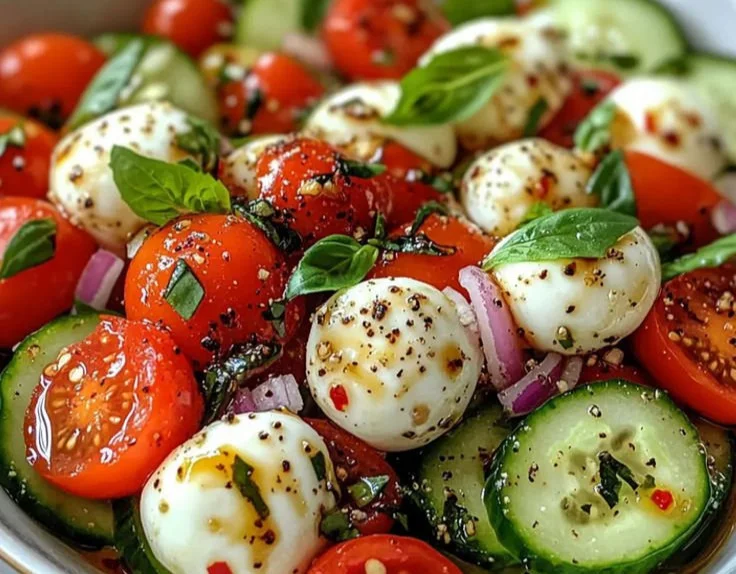 Cucumber Caprese Salad with fresh mozzarella, tomatoes, and basil leaves